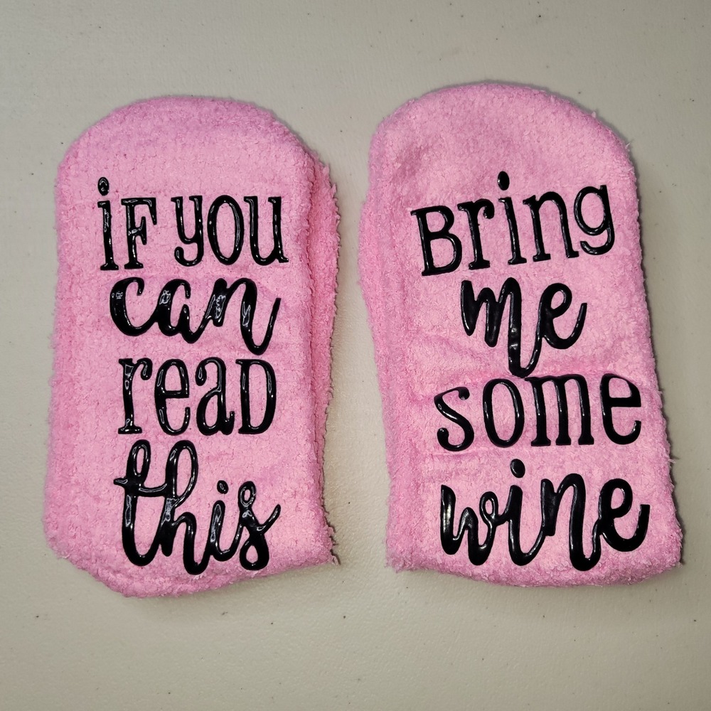 Bring Me Wine‎ ~ Novelty Non-Slip Pink Fuzzy Socks